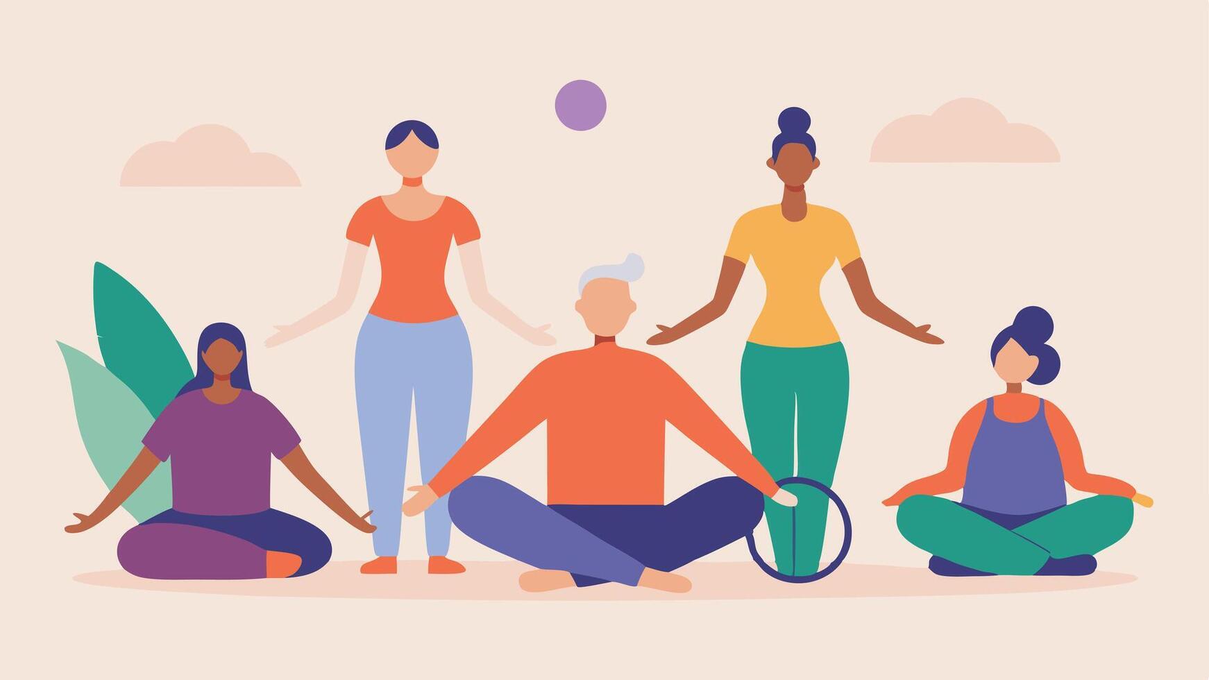 Yoga for Everyone An illustration of a diverse group of people in adaptive yoga poses including a person in a wheelchair and another using yoga props set against a serene. vector
