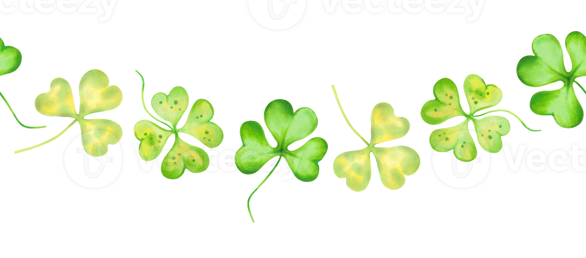 Horizontal seamless border with shamrock and four leaf clover petals.Watercolor and marker illustration.Hand drawn Irish symbol for St. Patrick's Day.Isolated design element for packaging,web banner. png