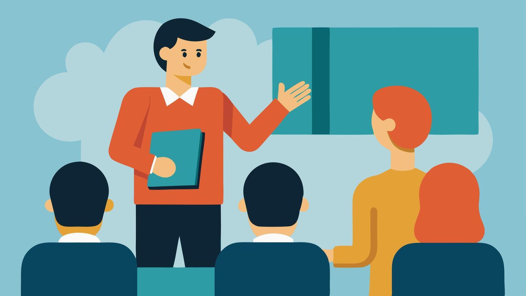 Sign Language Interpretation An illustration depicting a lecturer speaking to a student audience with a professional sign language interpreter positioned to ensure communication. vector