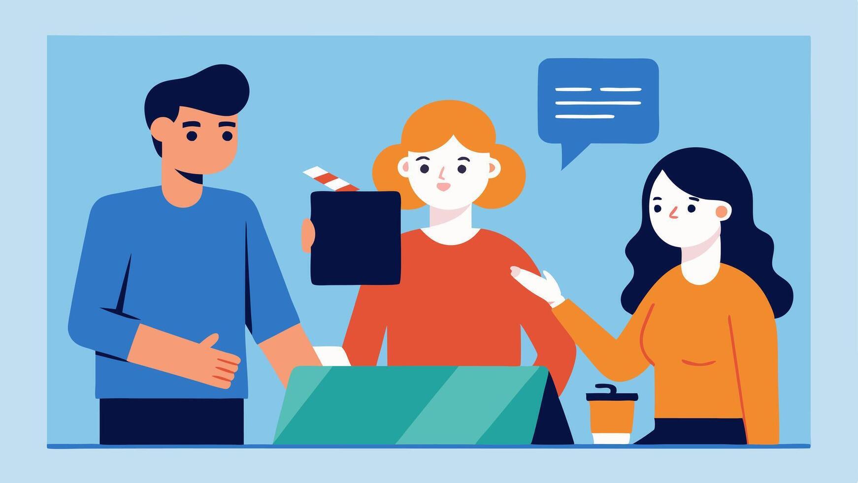 Sign Language Interpreting A scene showcasing a production team working together with a sign language interpreter actively communicating with a crew member during a meeting.. vector