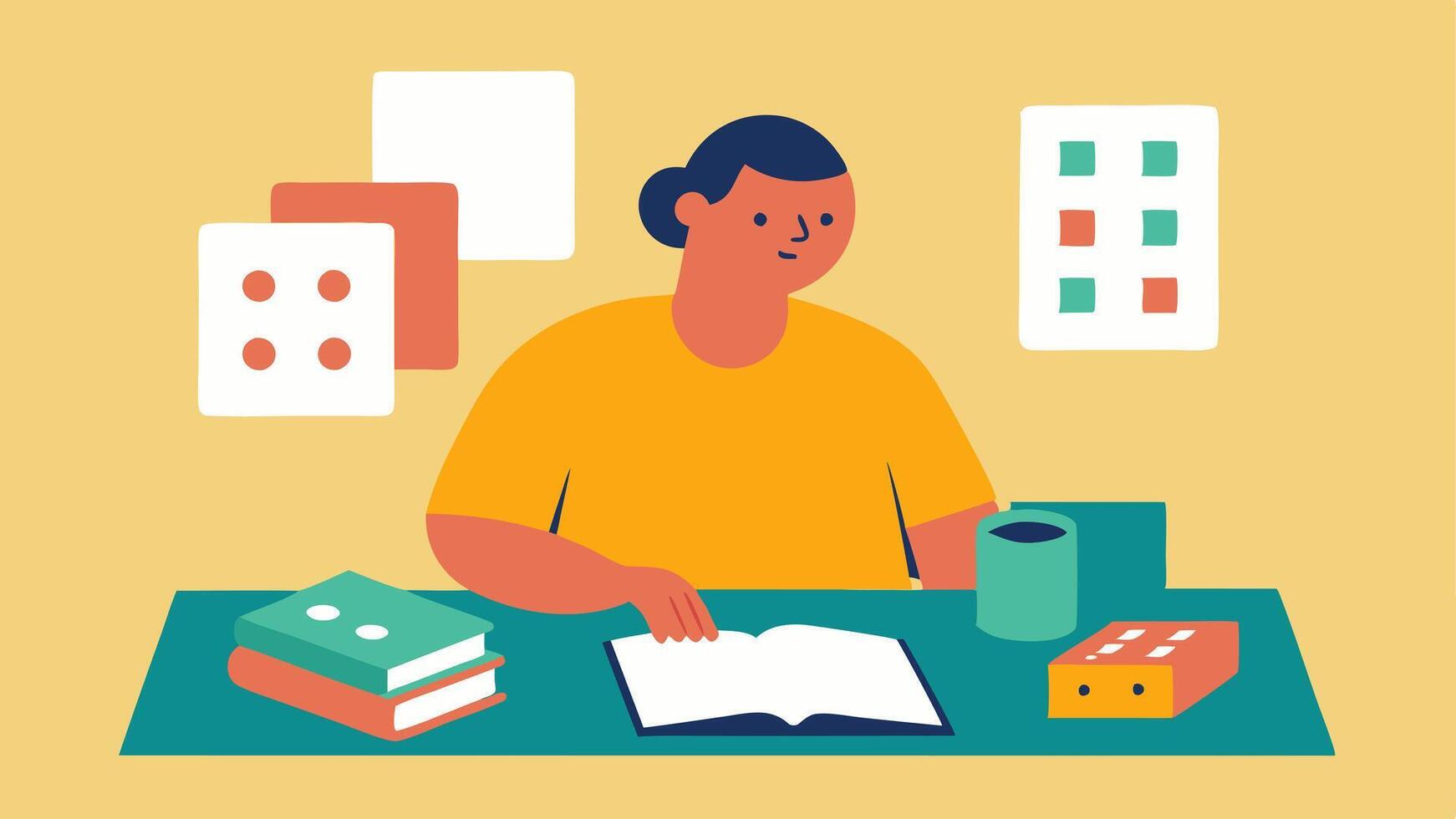 Inclusive Materials An illustration showing workshop materials including pamphlets and booklets with braille and large print laid out on a table. A participant is reviewing the. vector