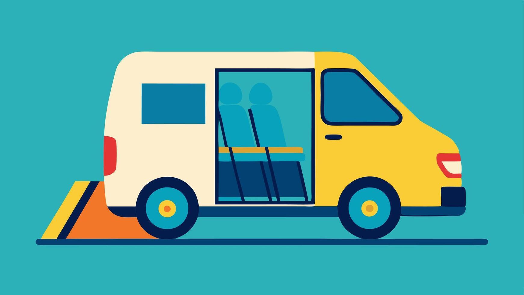 Lift Access Vehicle An illustration of a minivan with a side door open showcasing a wheelchair lift extending to the ground allowing passengers in wheelchairs to enter and exit. vector