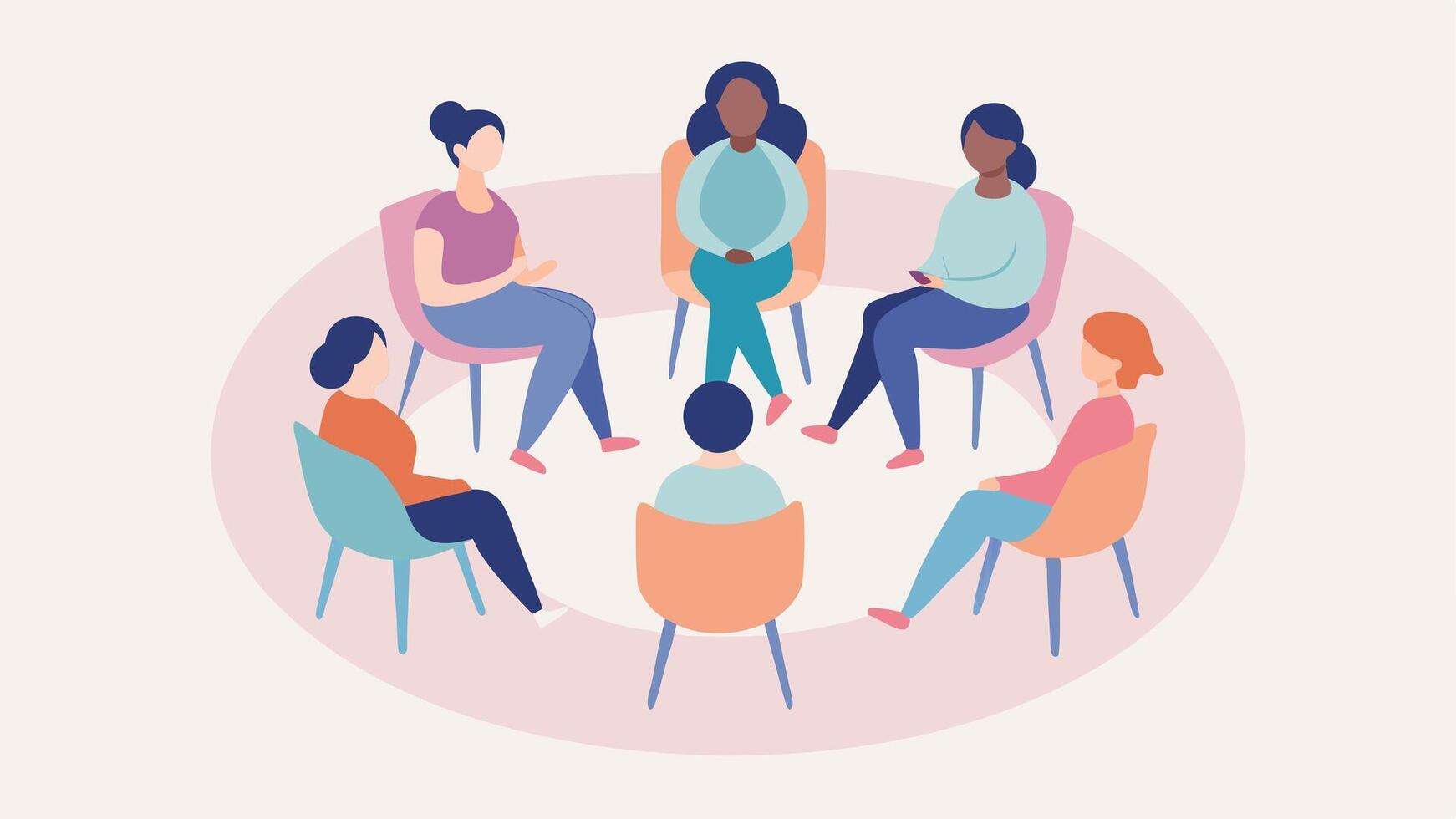 Support Circle A circular arrangement of chairs with individuals sitting and sharing surrounded by soft colors and gentle patterns that enhance the feeling of safety and. vector