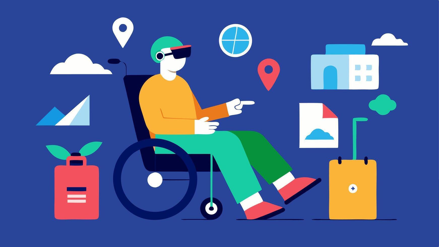 Virtual Reality Travel A traveler wearing VR goggles and seated comfortably in a wheelchair experiencing a digital tour of various destinations from a fully accessible setup at. vector