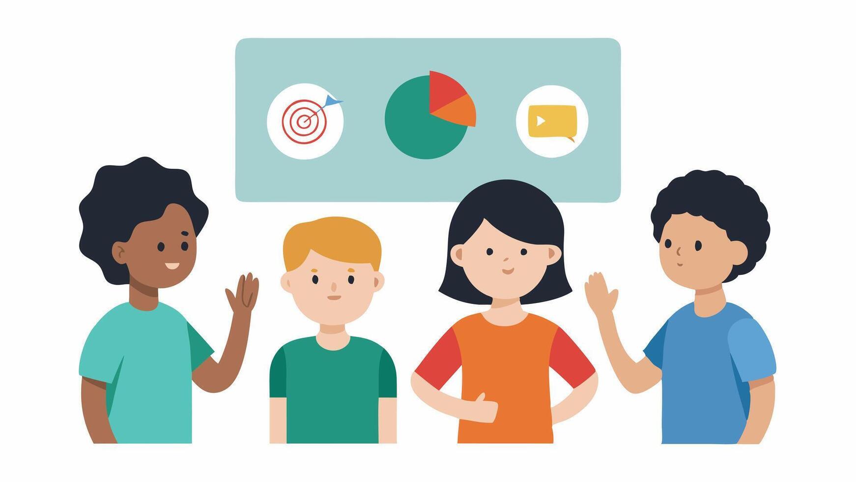 Group Discussion A circle of children discussing a project with a visual aid board that includes images and symbols to help all children engage including one child using sign. vector