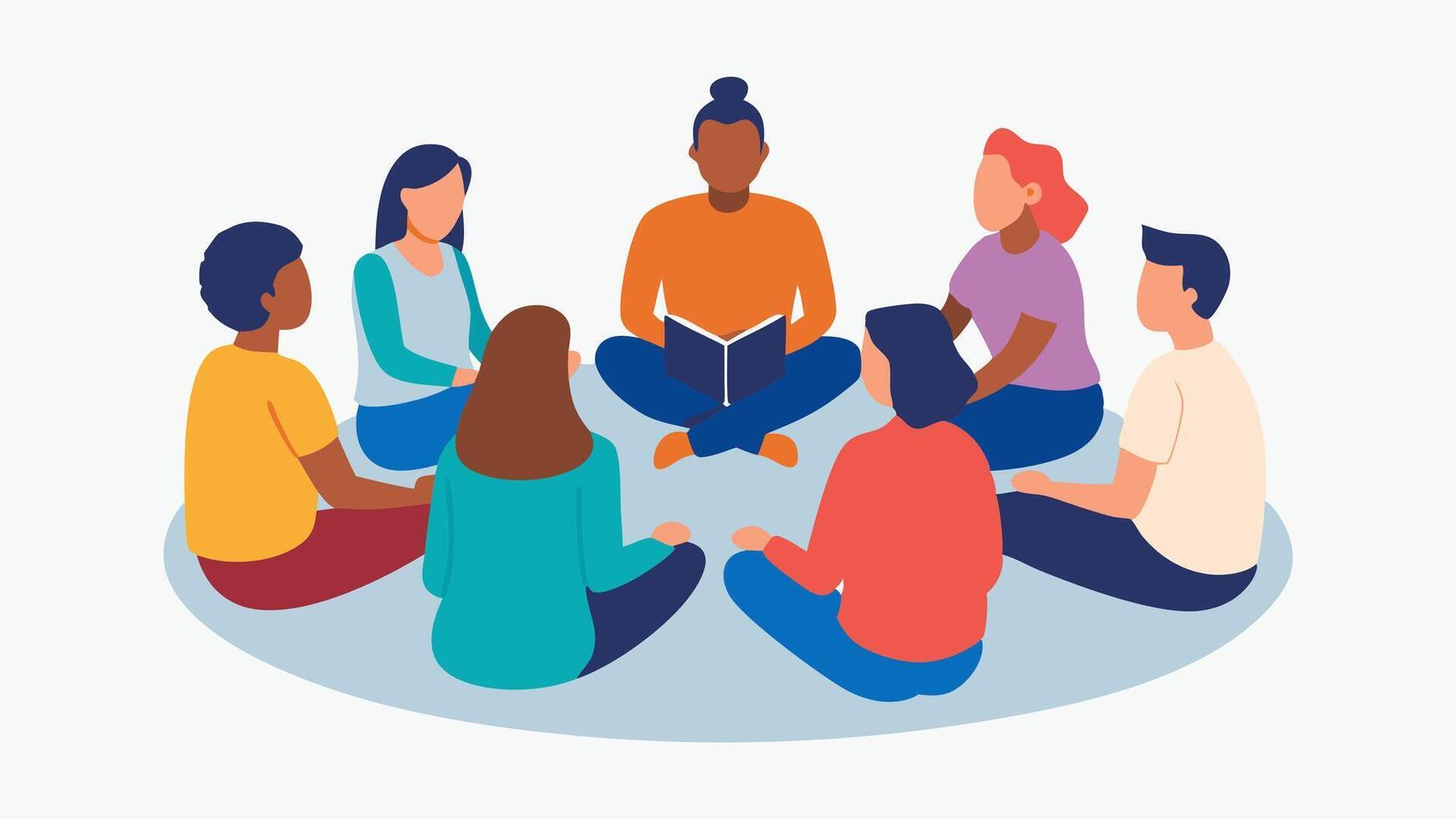 Mental Health Support Group A circle of diverse individuals sitting together sharing their feelings with one another with a gentle facilitator guiding the conversation.. vector