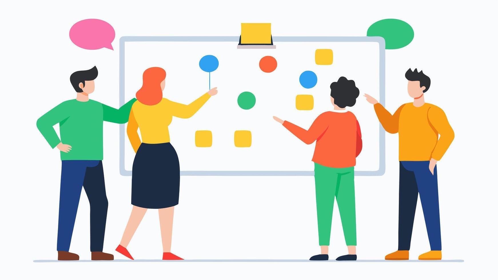 Mind Map Exchange A whiteboard filled with colorful mind maps and notes as group members stand around it pointing and contributing ideas illustrating collaborative brainstorming.. vector
