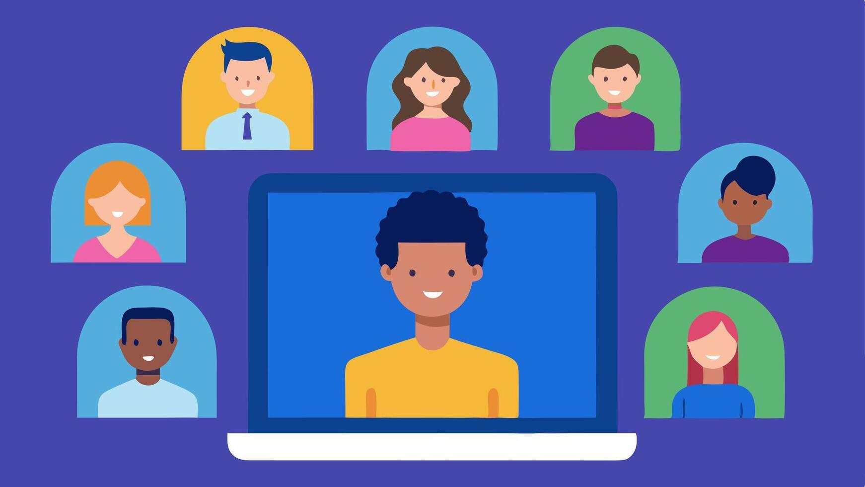 Virtual Interview A digital meeting with a diverse group of candidates appearing on a screen showcasing inclusivity as they conduct online interviews from various locations.. vector
