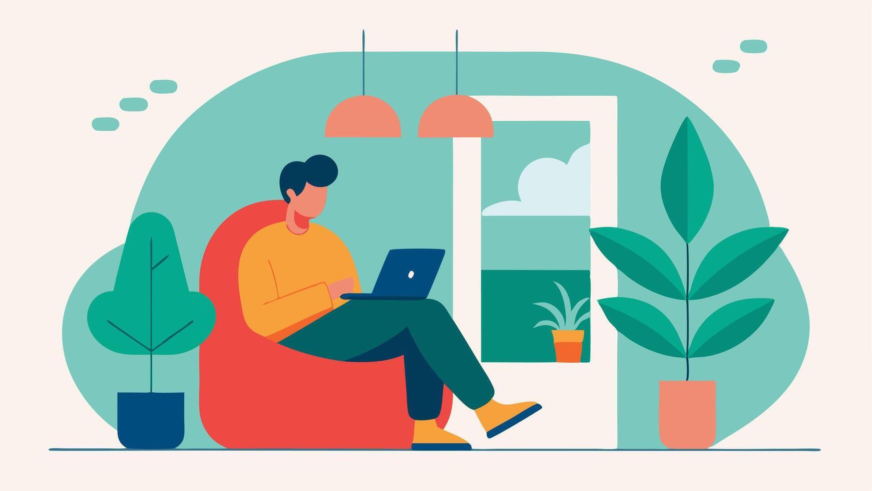 Quiet Spaces A cozy corner nook with soft seating and plants where an employee is reading in quiet with soundabsorbing panels on the walls.. vector