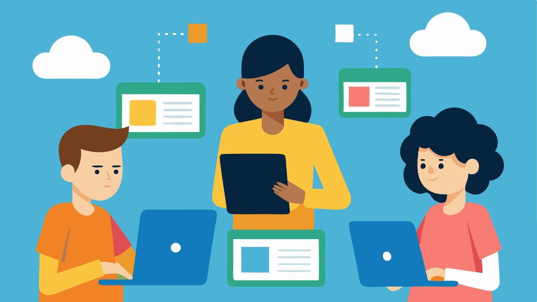 Technology Integration A student using a tablet with an adaptive touchscreen while another student assists them. Around them other students are using laptops for group assignments.. vector