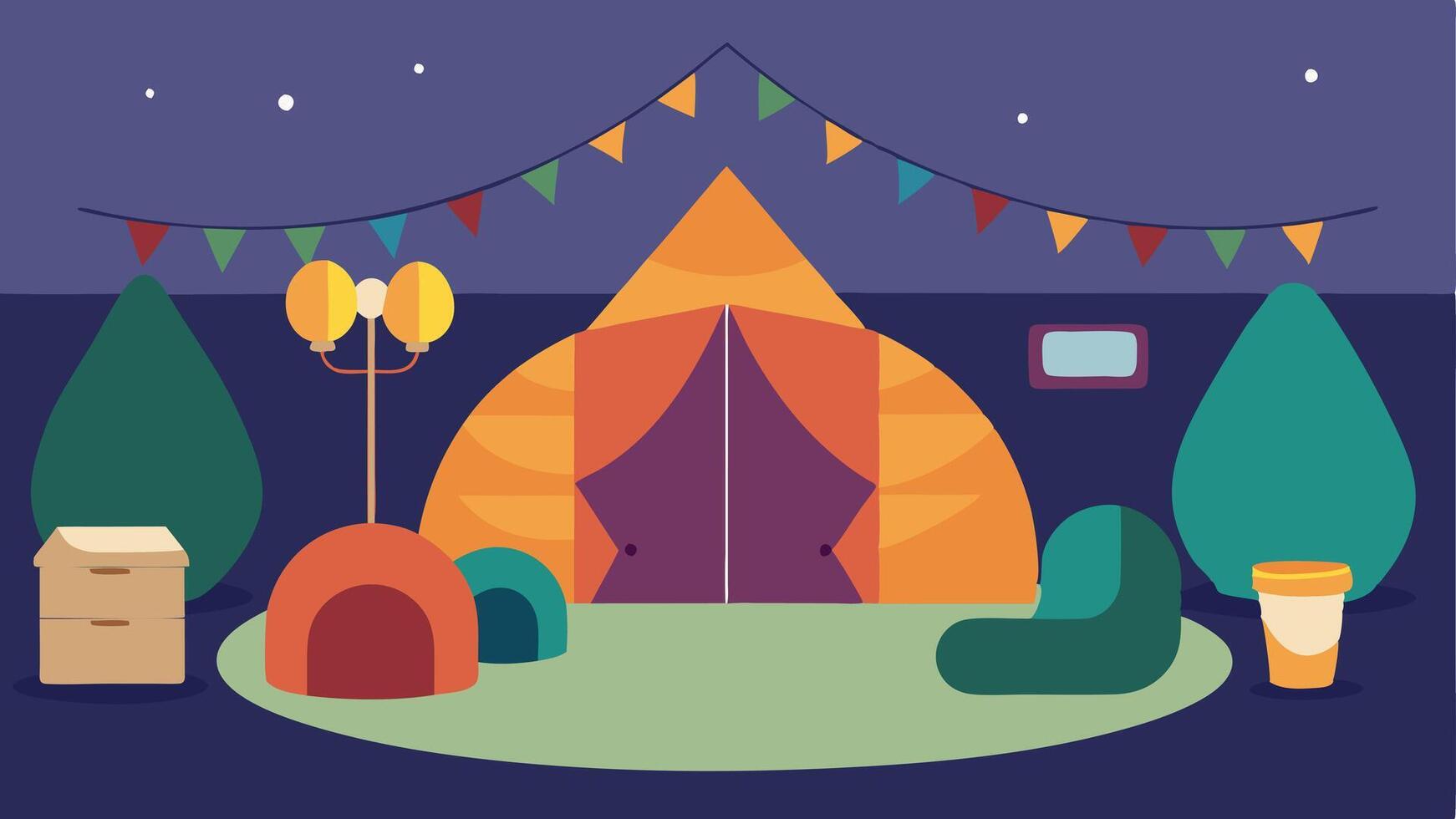 SensoryFriendly Space An illustration of a quiet tent or room at a festival featuring bean bags soft lighting and sounddampening materials where individuals can take a break from. vector