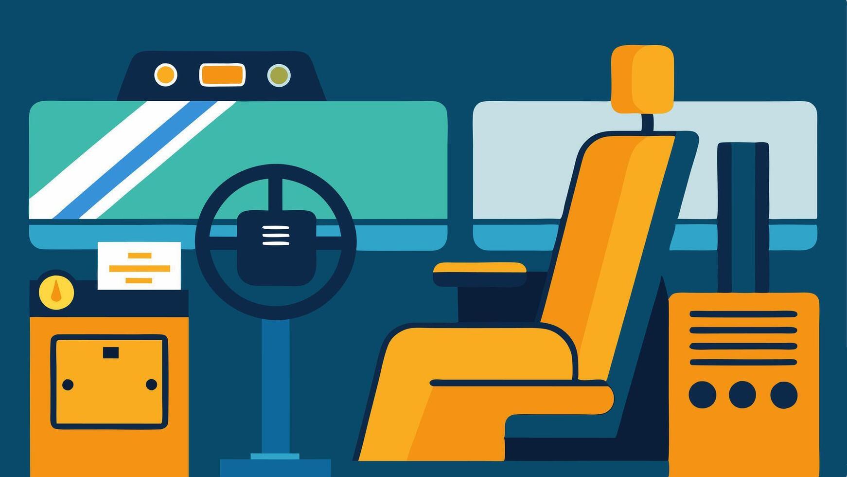 Trucker Cab Adaptations An illustration of a truck drivers cabin with adaptations like a highvisibility seat and control panels that can be easily reached from a wheelchair.. vector