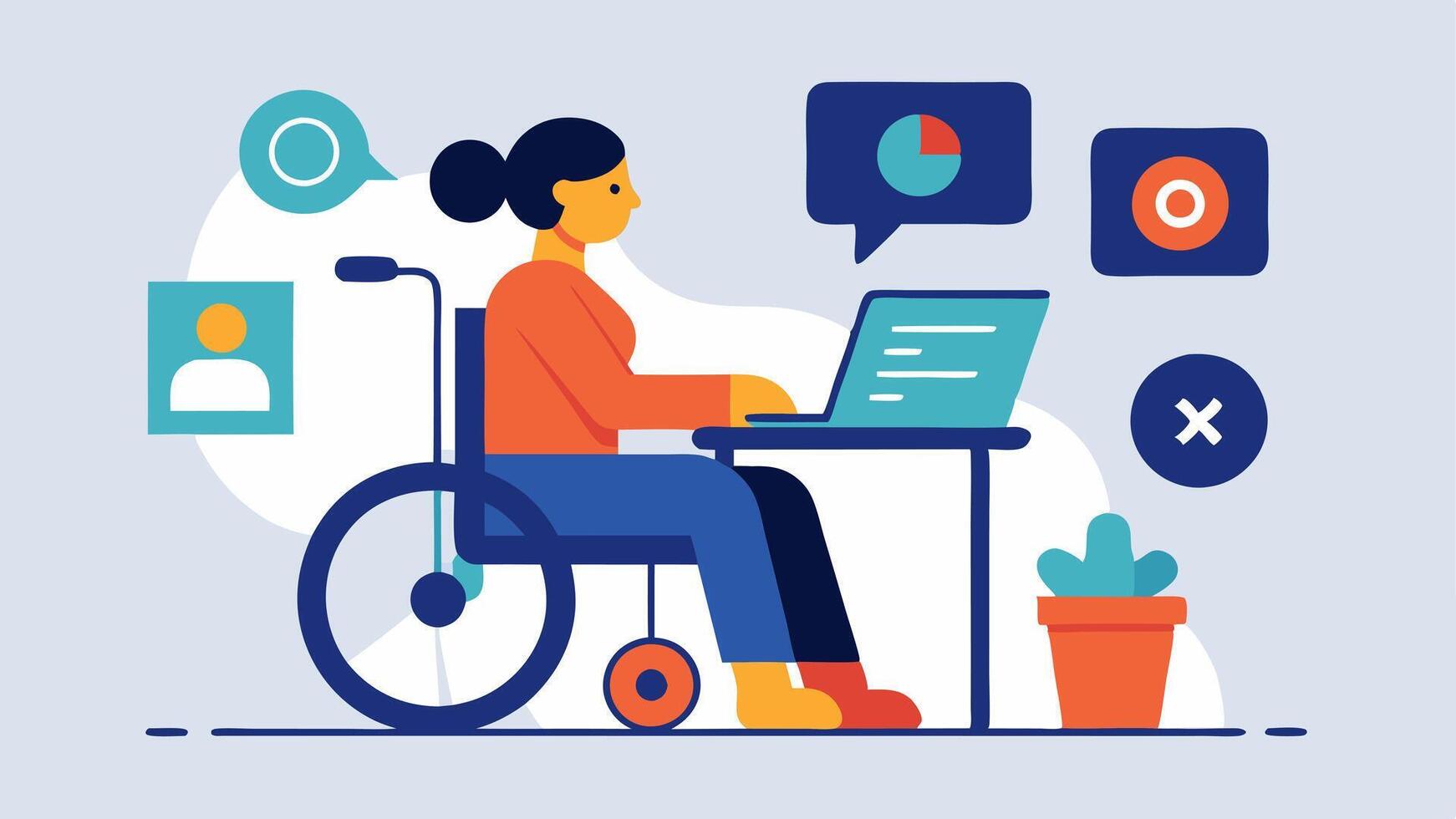 Laptop Accessibility A person in a wheelchair using an adaptive computer setup with large print and voice assistance features emphasizing the importance of technology in job. vector