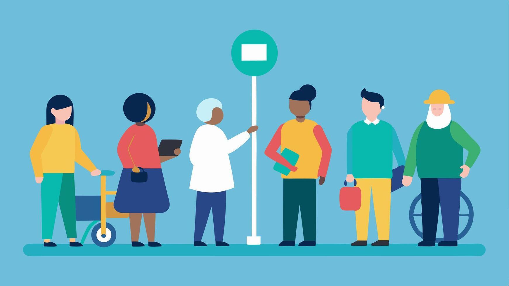 Group of Users A diverse group of individuals including those with mobility aids gathered at a public transport stop with wayfinding signs that provide accessible directions.. vector