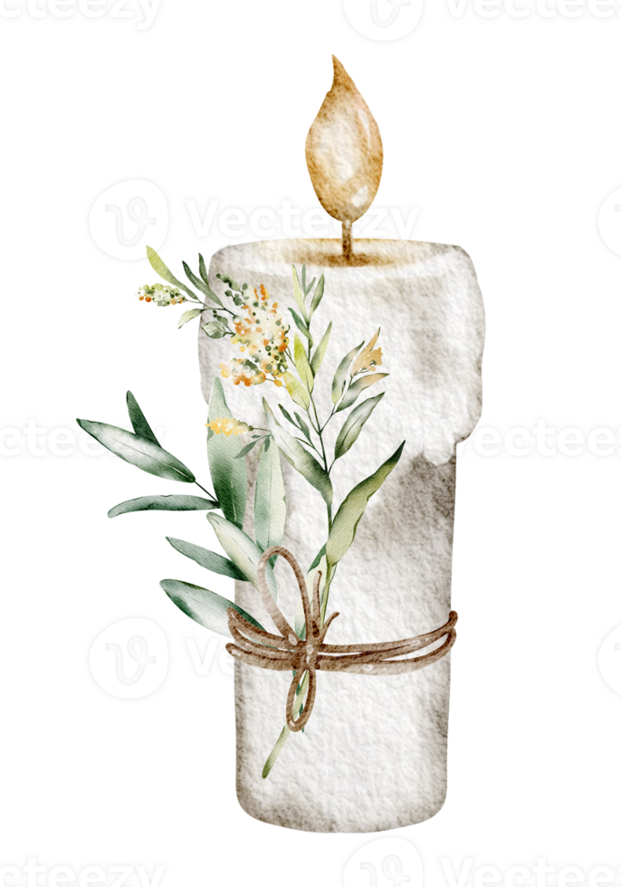 Watercolor illustration Candle with a sprig of green plant. Hand drawn drawing of holiday religiou interior decoration. Candlelight on isolated background for greeting cards for cosmetic or medicine. png