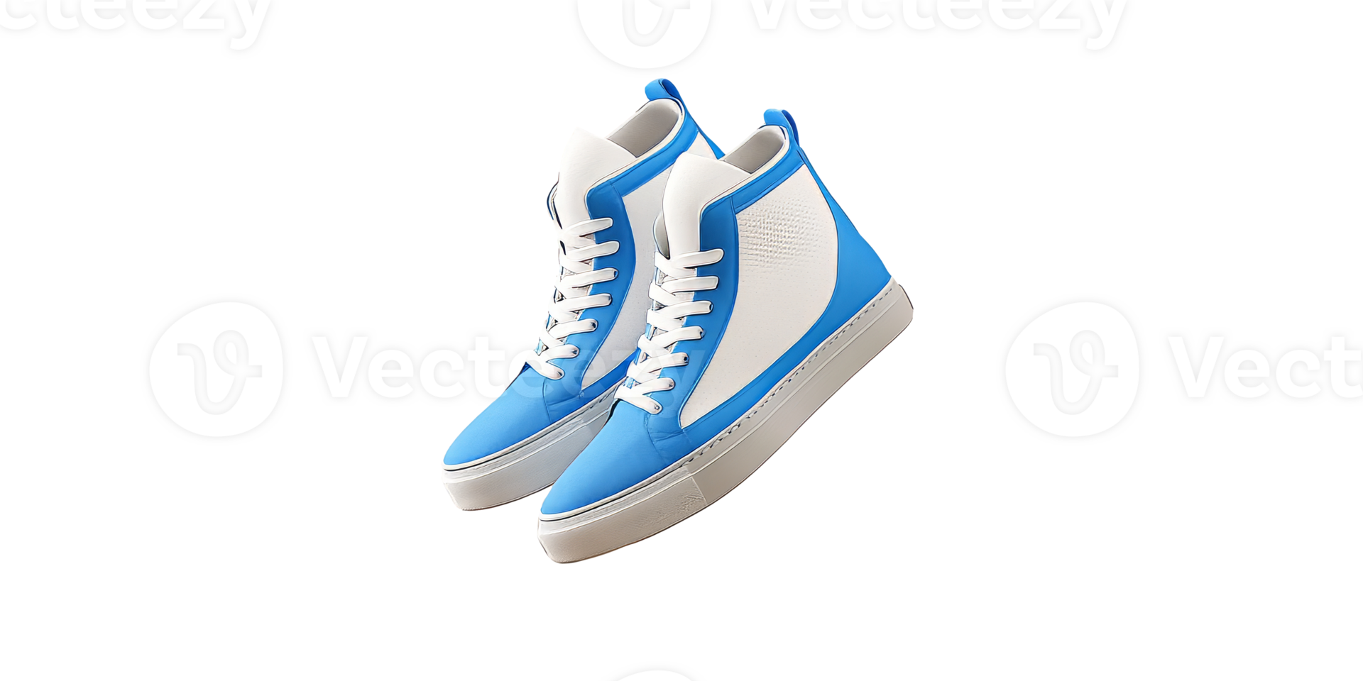 Blue and white high top sneakers gracefully float on a transparent background, capturing a moment of style and creativity png