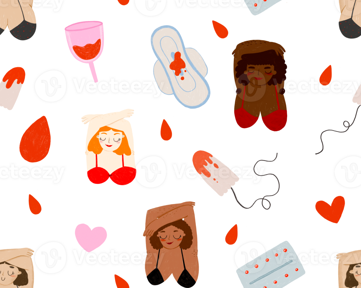 Seamless pattern cartoon menstruation period products. Feminist body positive. Tampon in blood, pad and menstrual cup. Feminine hygiene. Hand drawn isolated illustration png