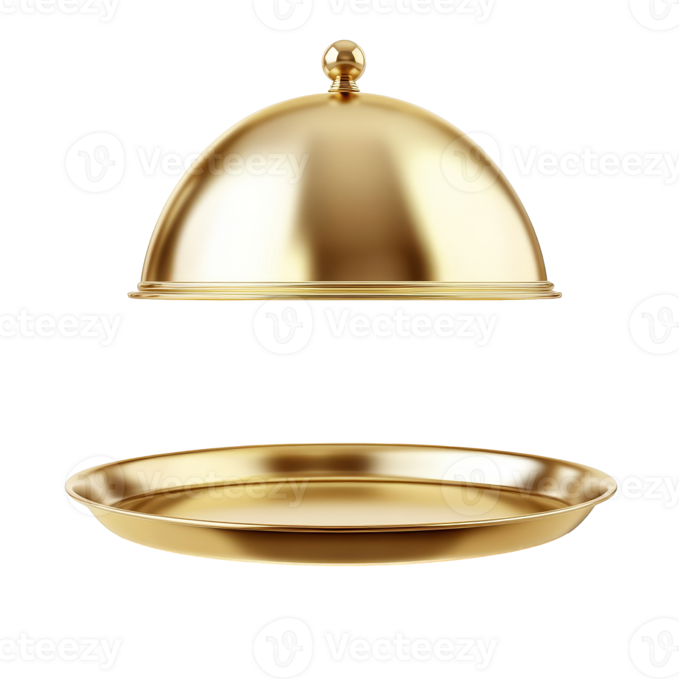 A gleaming golden cloche hovers above an elegant serving platter, ready to unveil a culinary masterpiece in a sophisticated setting png