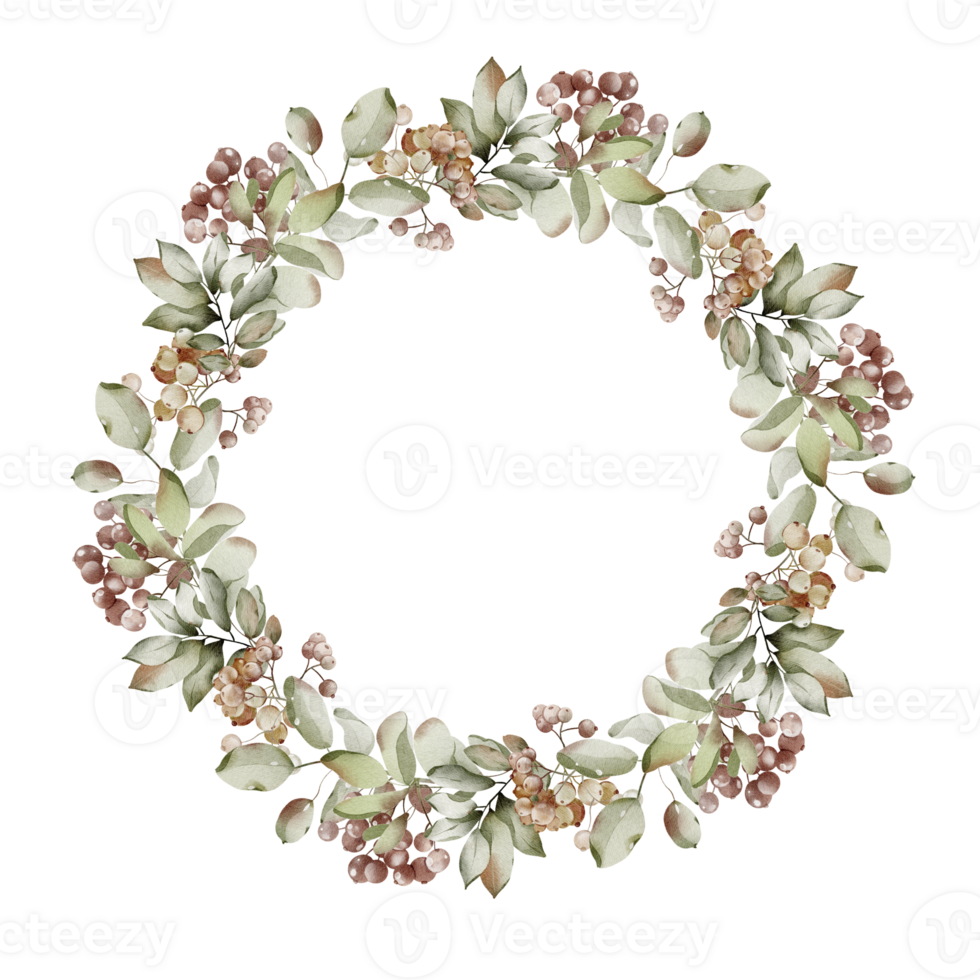 Watercolor berry Wreath with autumn plant and red rowan. Drawing of botanical round Frame with rowanberry on isolated background for greeting cards or invitations. Decoration for Wedding cards. png