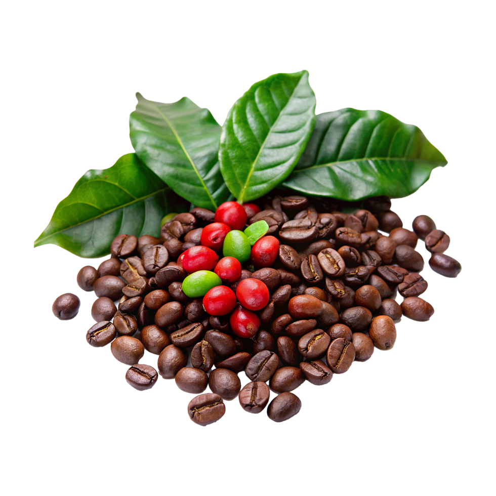 Coffee beans and leaves with red berries png
