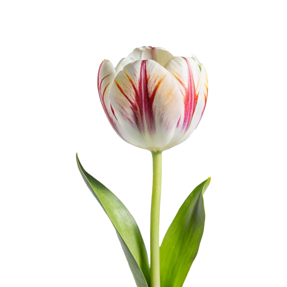 A single white and red tulip with green leaves png