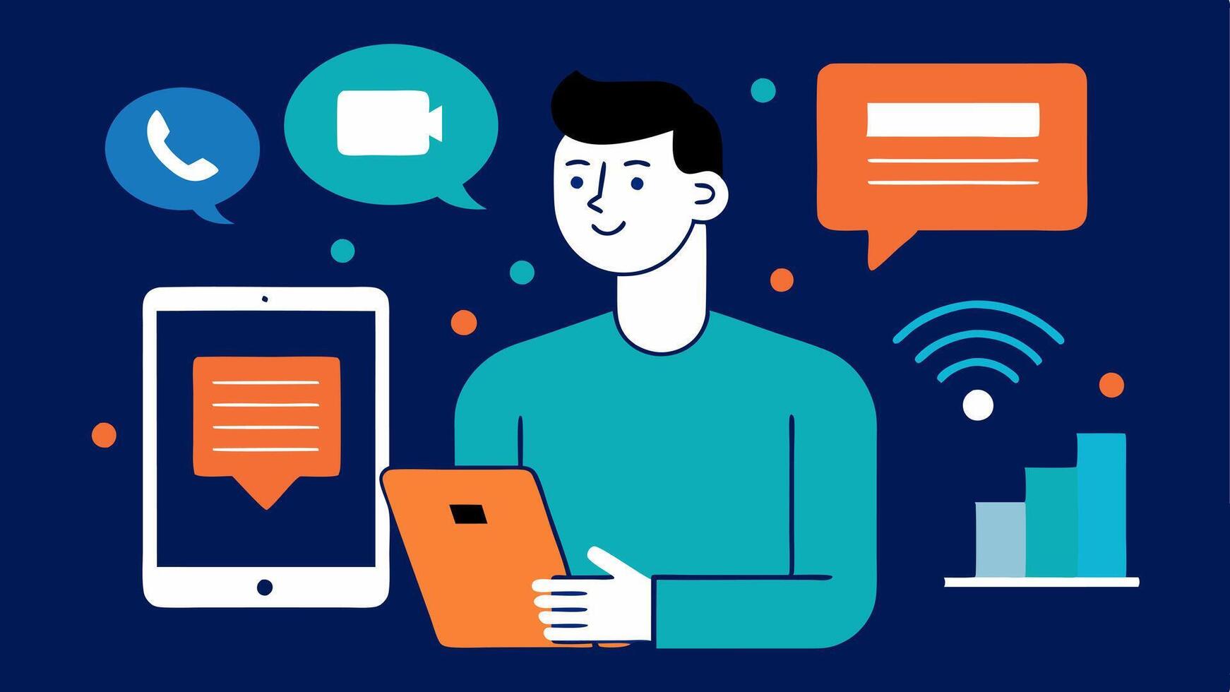 TexttoSpeech Technology A user interacting with a tablet displaying texttospeech software showcasing adaptive technology for communication needs.. vector