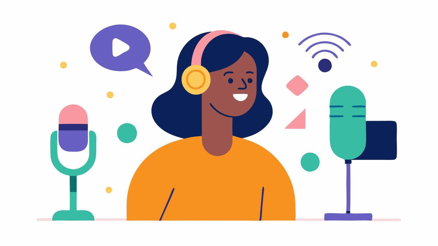 Podcasting Joy A storyteller using a microphone at a podcasting station with sound waves emanating and colorful icons representing different stories appearing around them.. vector