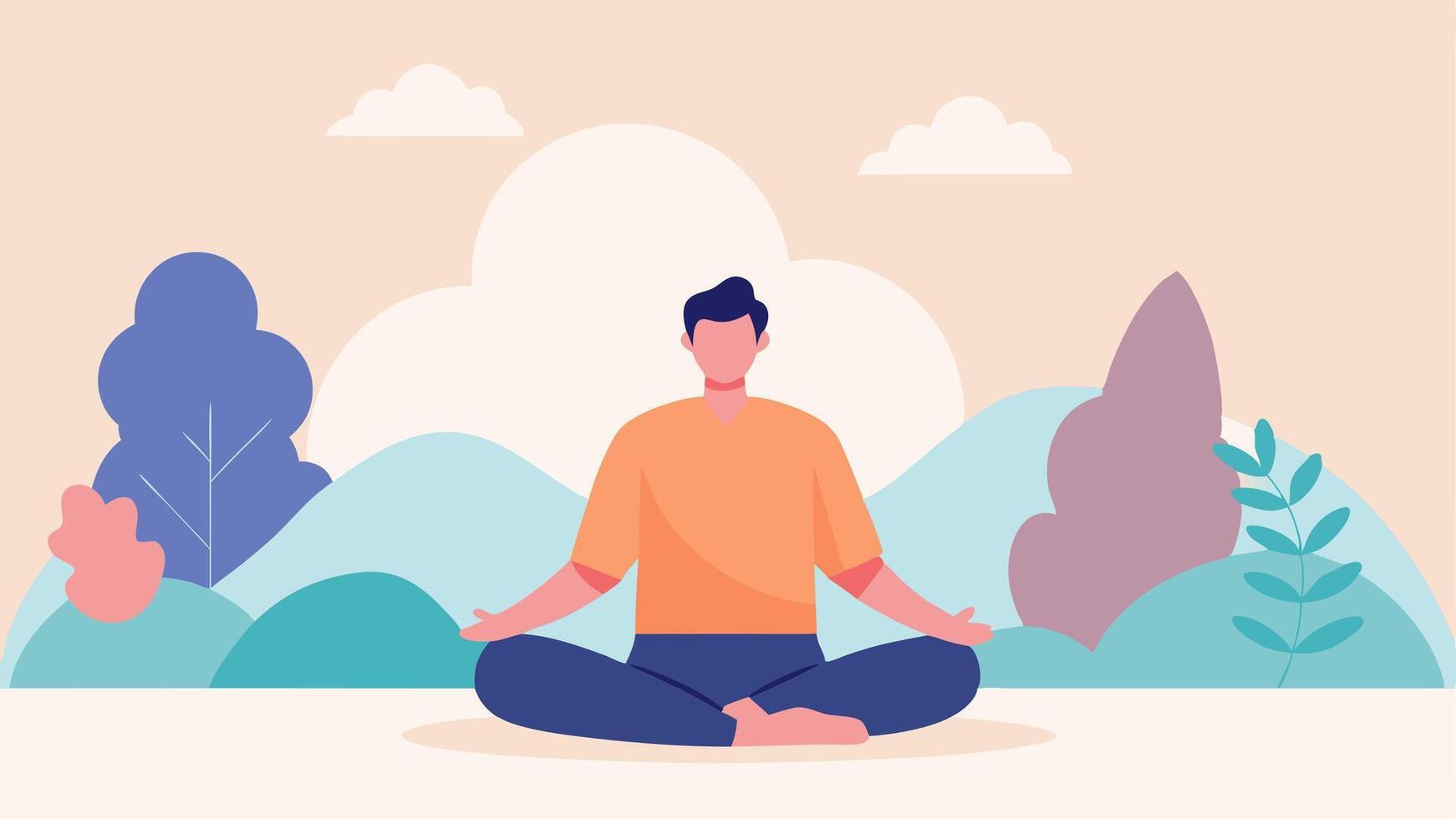 Mindfulness and Relaxation An individual practicing mindfulness or meditation in a serene setting surrounded by nature with soft colors and peaceful elements.. vector