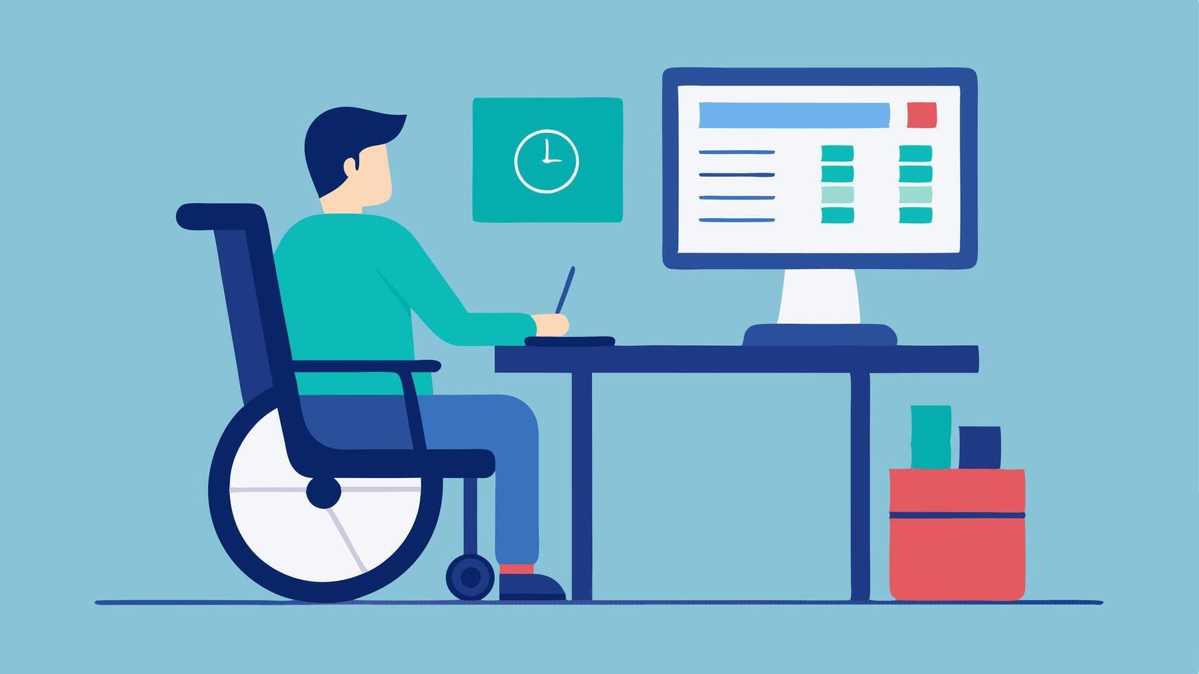 Home Office Setup A person in a wheelchair sits at a desk with a large monitor. They are using a speech recognition software to dictate notes with a notepad and adaptive keyboard. vector