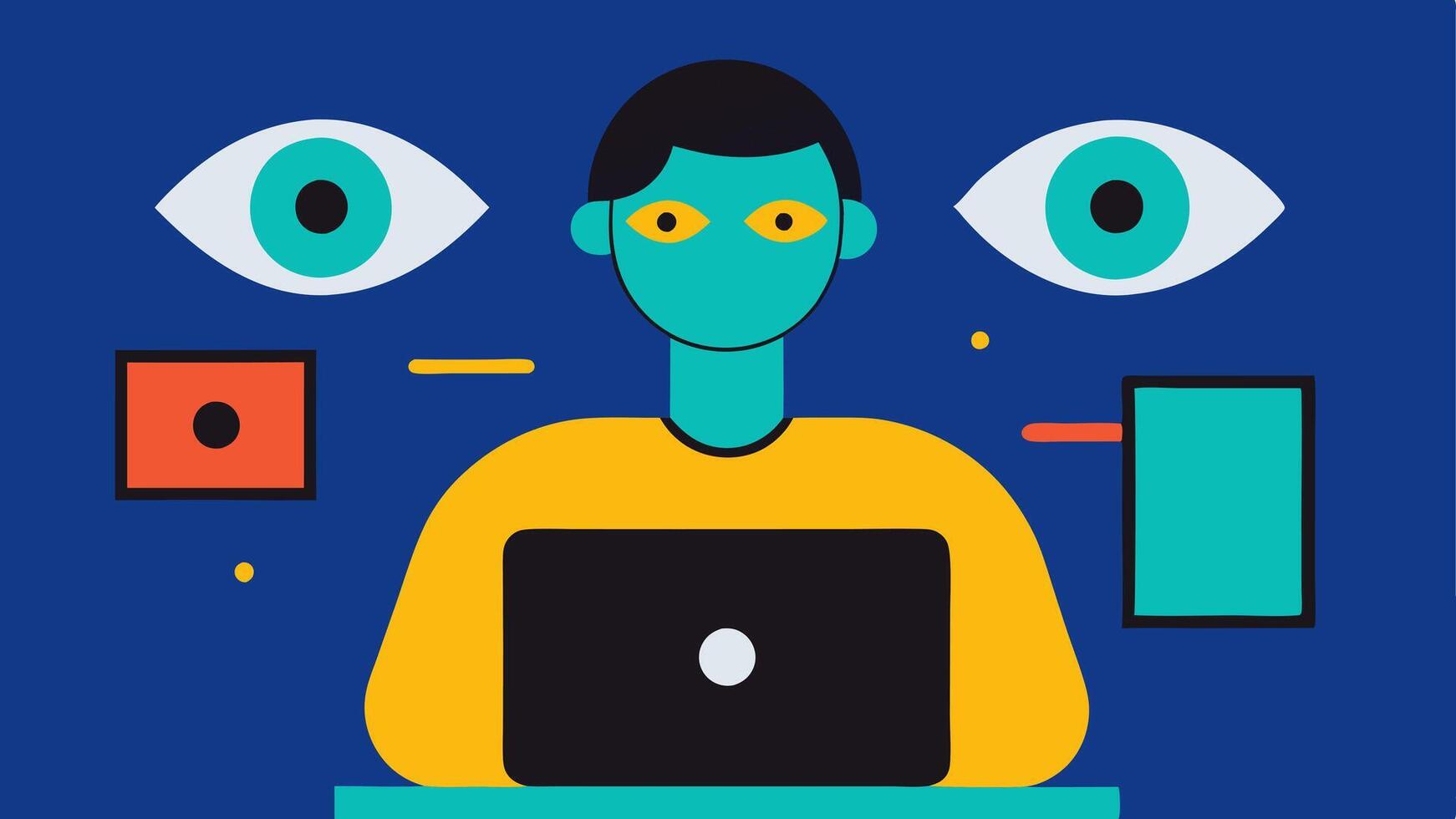 User with Assistive Device A user working on a laptop equipped with a specialized eyetracking camera with graphical overlays showing eye movement and selection.. vector