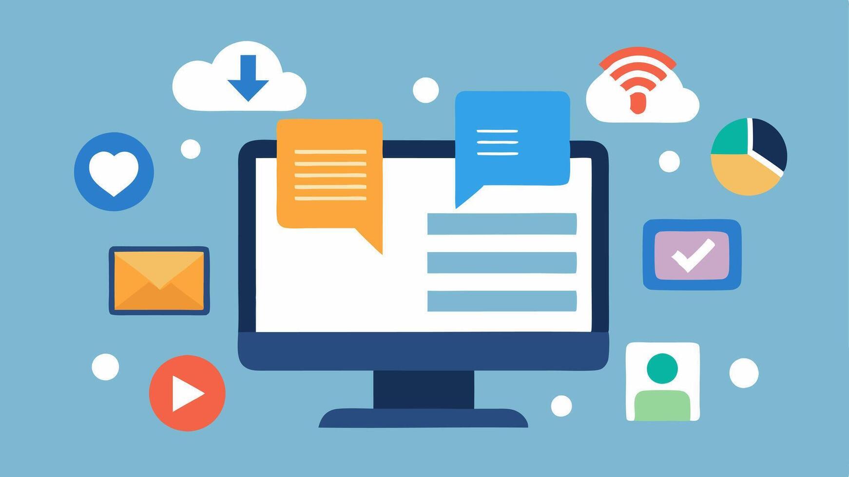 Social Media Stories A computer screen displaying a blog post with assistive technology tools nearby while icons of social media platforms float around emphasizing digital. vector