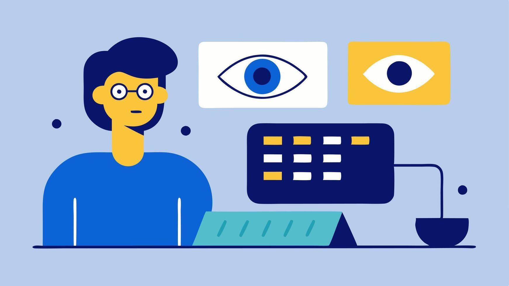 Multiple Adaptive Inputs A user utilizing both an adaptive keyboard and eyetracking technology simultaneously with the screen showing feedback for both input ods.. vector