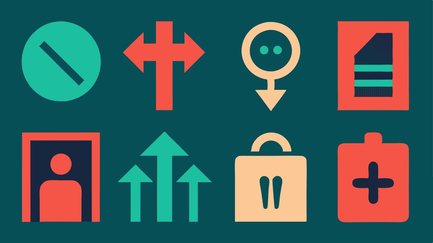Symbolic Icons for Directions A collection of universally recognizable icons e.g. restrooms exits elevators accompanied by arrows designed to be clear and intuitive.. vector