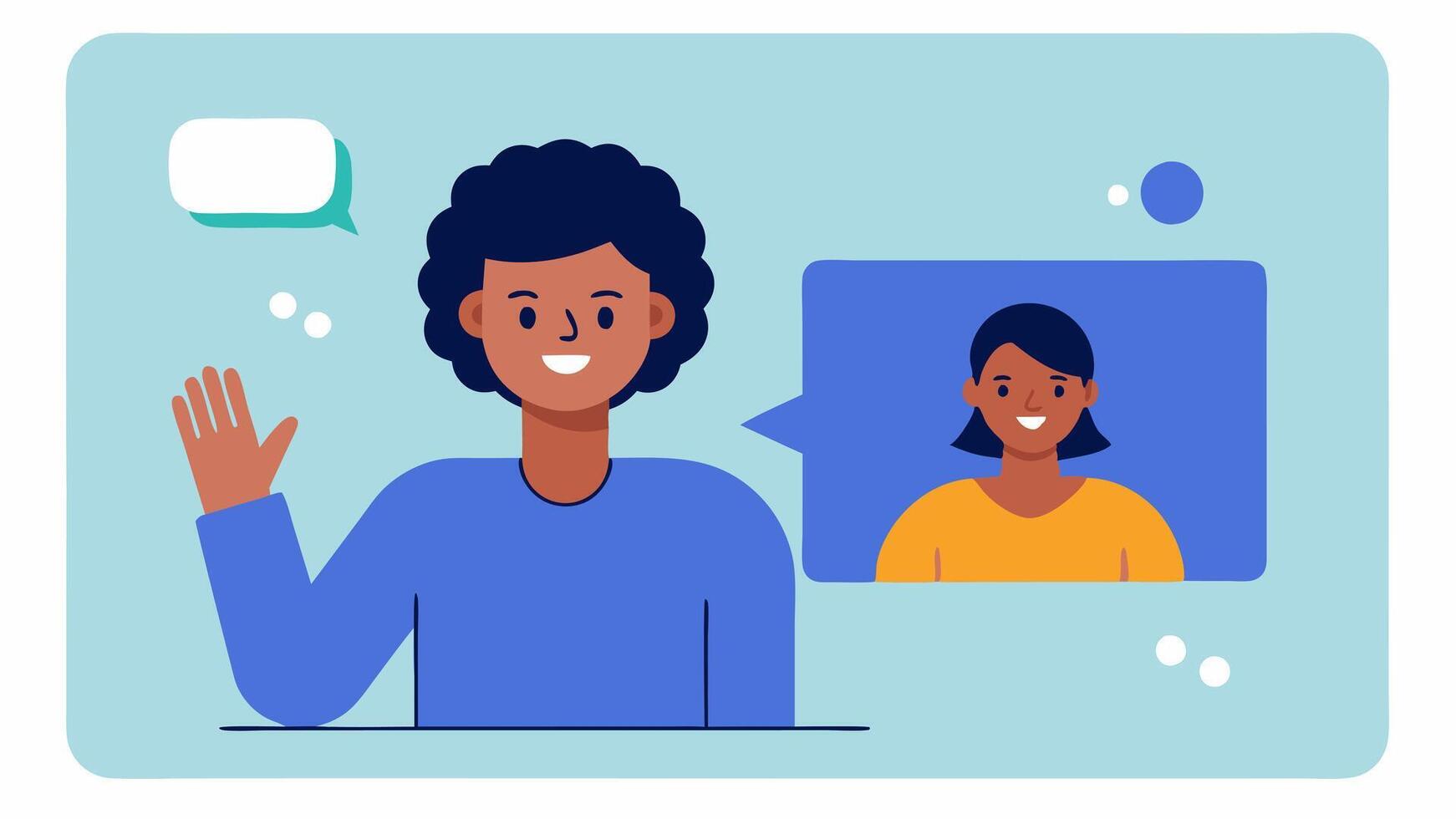 Sign Language Interpretation A call scene where one participant uses sign language while another watches on their screen. The background includes captions for clarity.. vector