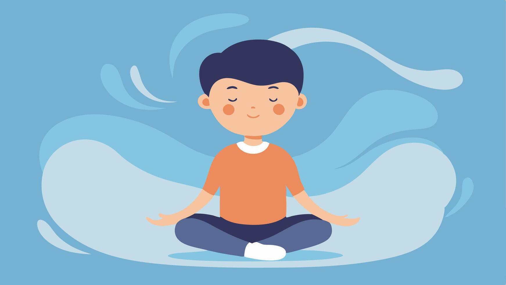 Mindful Moments A tranquil illustration of a child practicing deep breathing in a quiet space with soft flowing lines representing calmness and relaxation.. vector