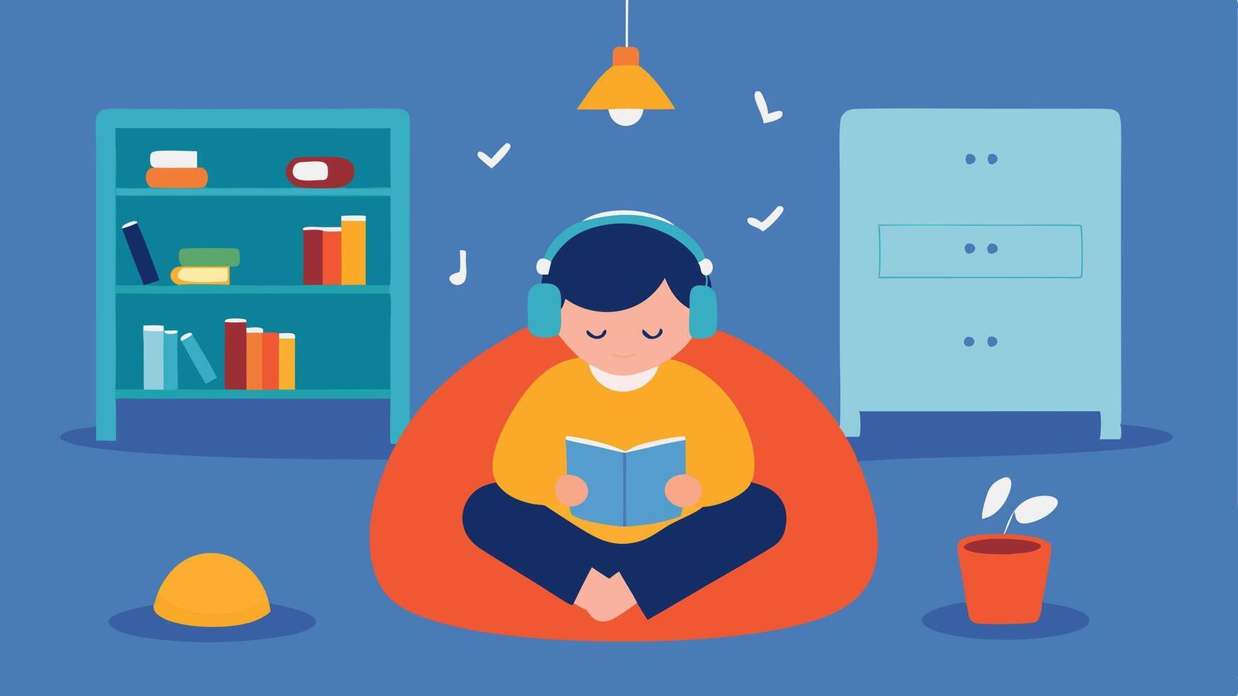 Relaxation Zone An inviting reading nook in the classroom featuring bean bags and soft pillows where children can take a break with one child using noisecanceling headphones.. vector
