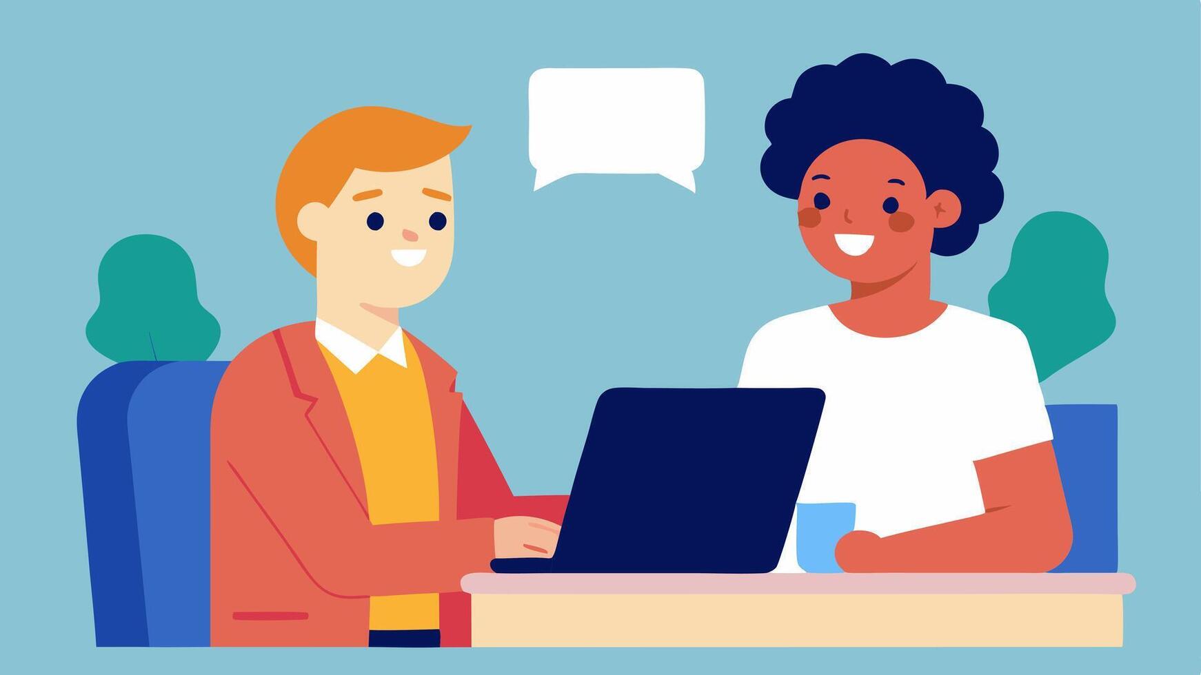 Supportive Environment A mentor helping a younger diverse candidate prepare for an interview illustrating guidance and support in the recruitment process.. vector