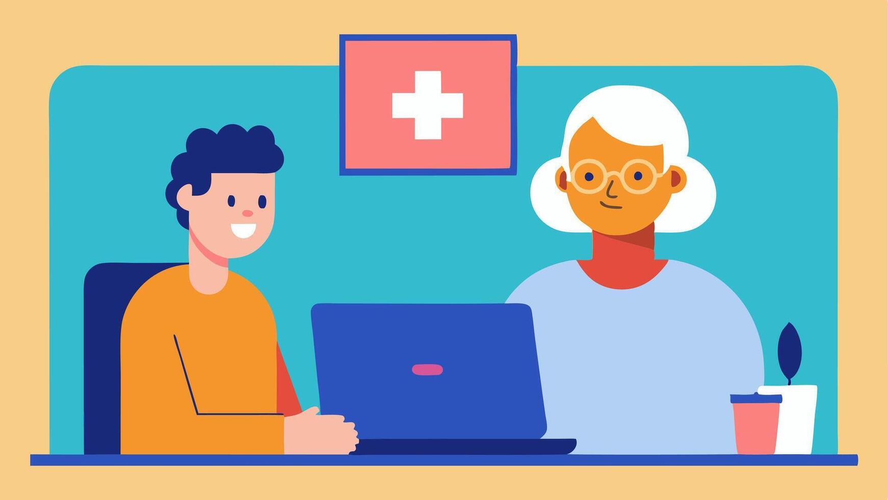 Telehealth Consultation An elderly individual speaking to a healthcare provider via a laptop at home representing advances in healthcare accessibility.. vector