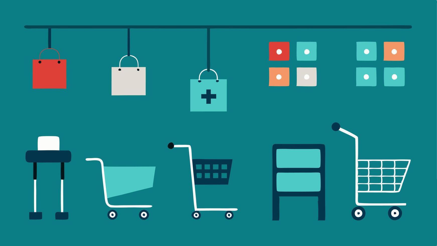 Shopping Aids Wall A wall displaying various shopping aids like detachable baskets and adaptive shopping carts designed for ease of use by everyone including those with mobility. vector