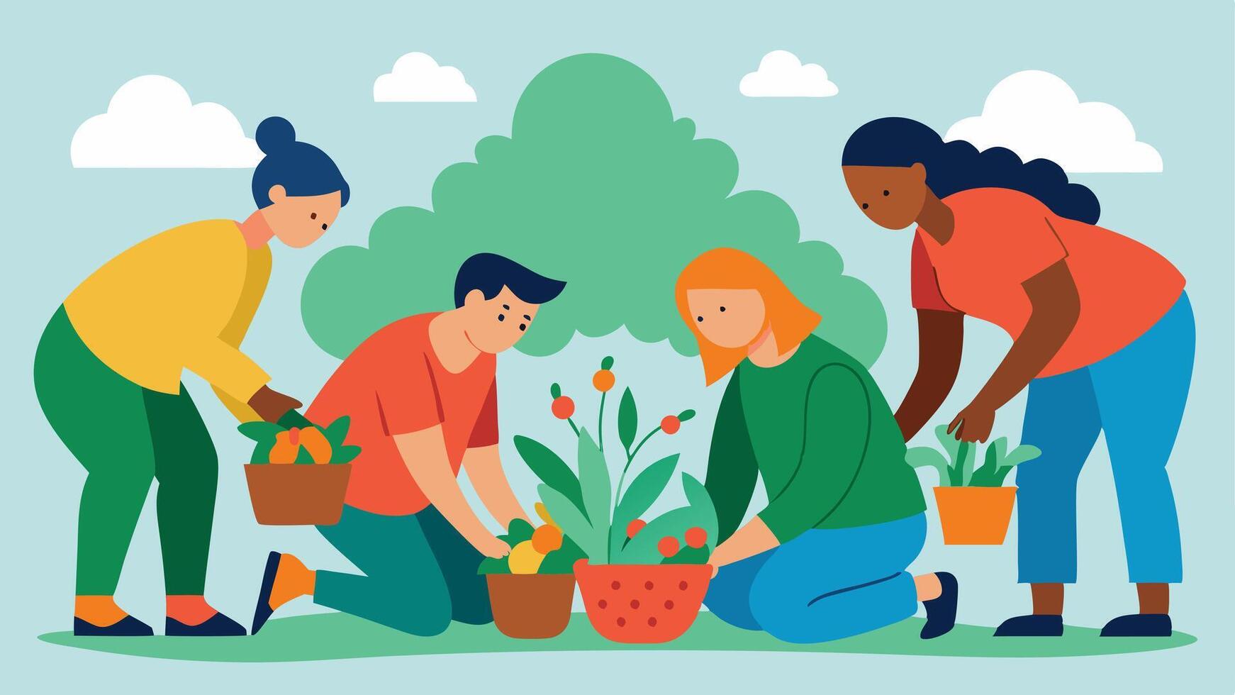 Neighborhood Gardening A group of neighbors working together in a community garden planting flowers and vegetables illustrating cooperation and shared effort.. vector