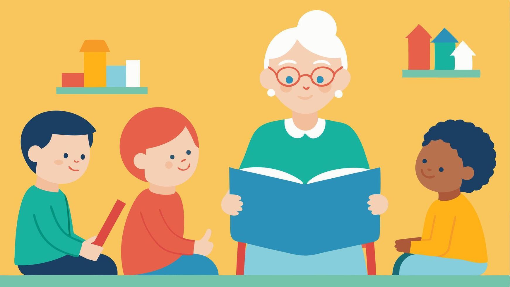 Storytelling at Schools A senior with a mobility aid reading a story to children in a classroom setting with volunteers helping children to engage and listen.. vector