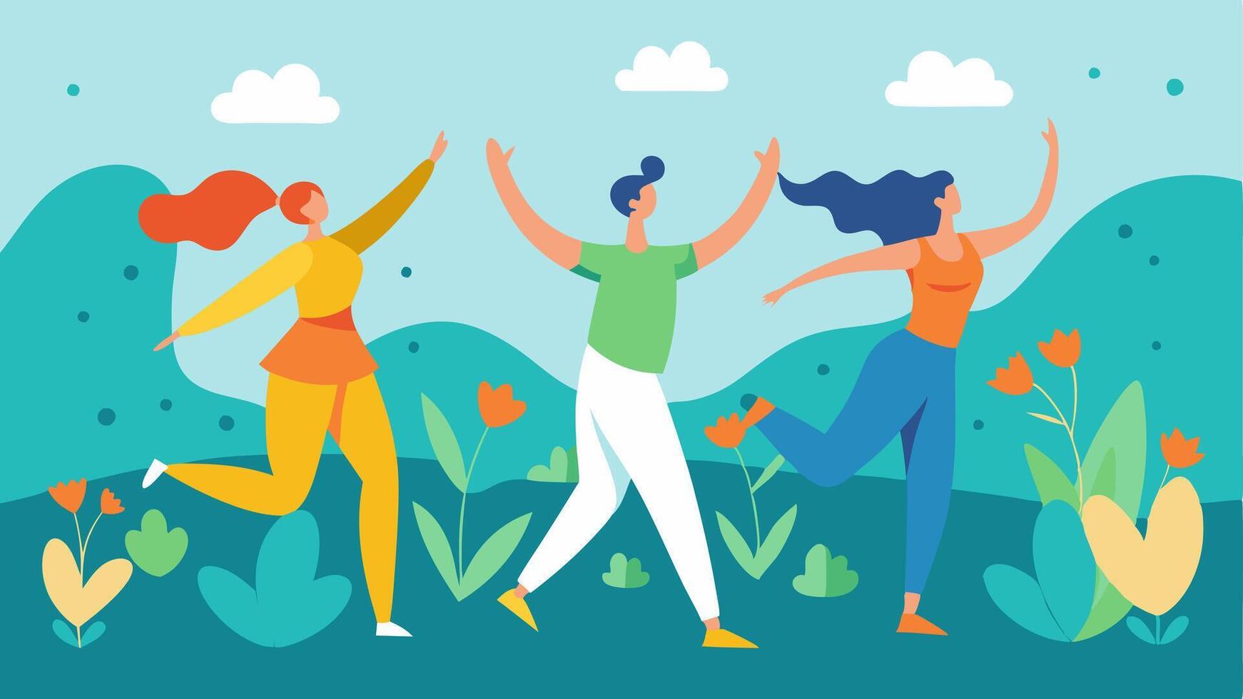 Nature Dance A group of participants is dancing outdoors in a meadow with trees and flowers in the background promoting the connection between movement and nature.. vector