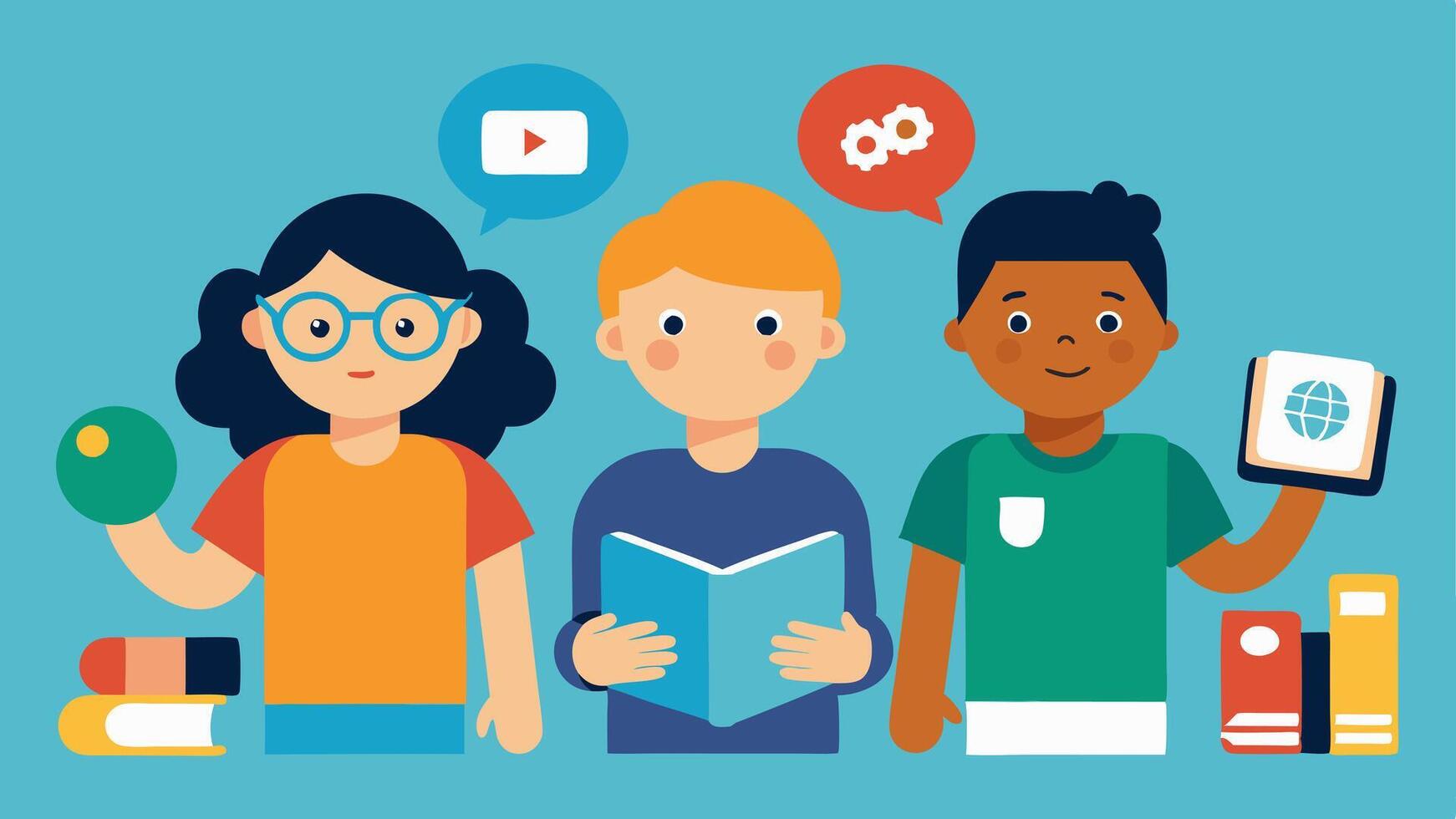 Interactive Learning Tools A group of children engaged with interactive learning tools including tactile books and augmented reality apps promoting inclusive education for all.. vector