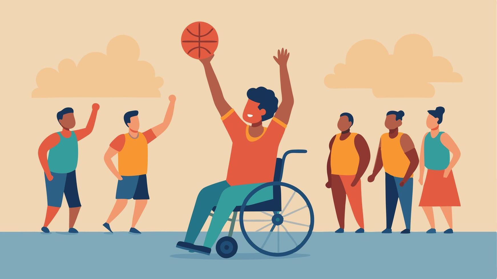Team Athlete A wheelchair basketball player making an impressive shot during a game with teammates and fans celebrating in the background showcasing teamwork and spirit.. vector