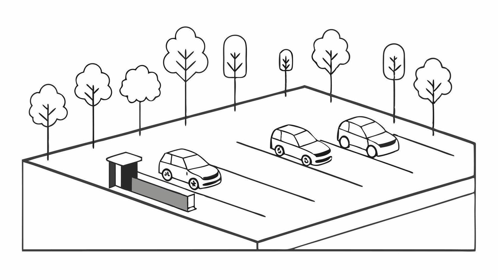 Parking Lot with Trees A line drawing of a parking lot that includes a row of accessible parking spaces with trees or landscaping to enhance the environment.. vector