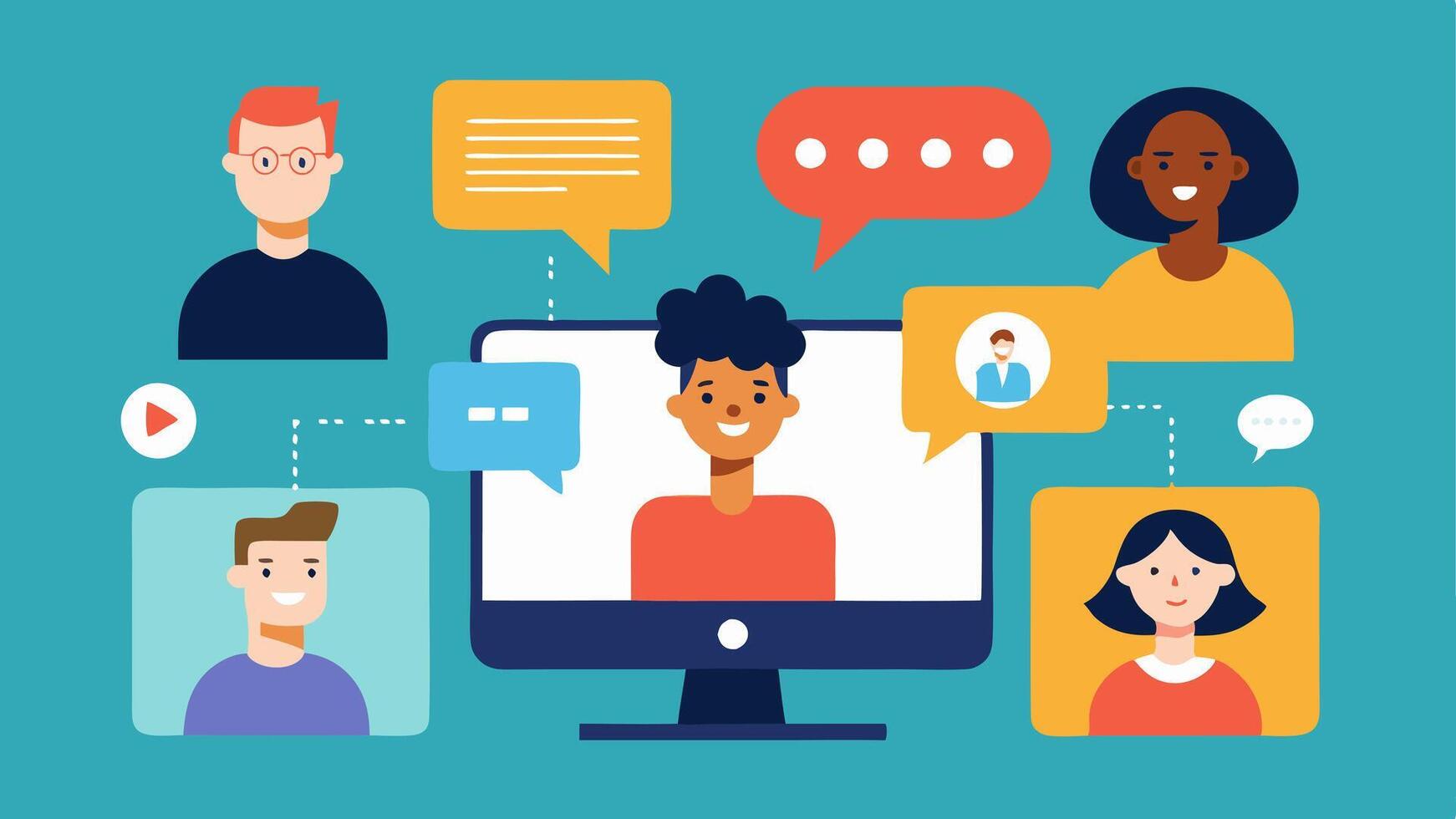 Online Collaboration A computer screen showing a virtual meeting with participants using various communication ods including text chatting and sign language showcasing. vector