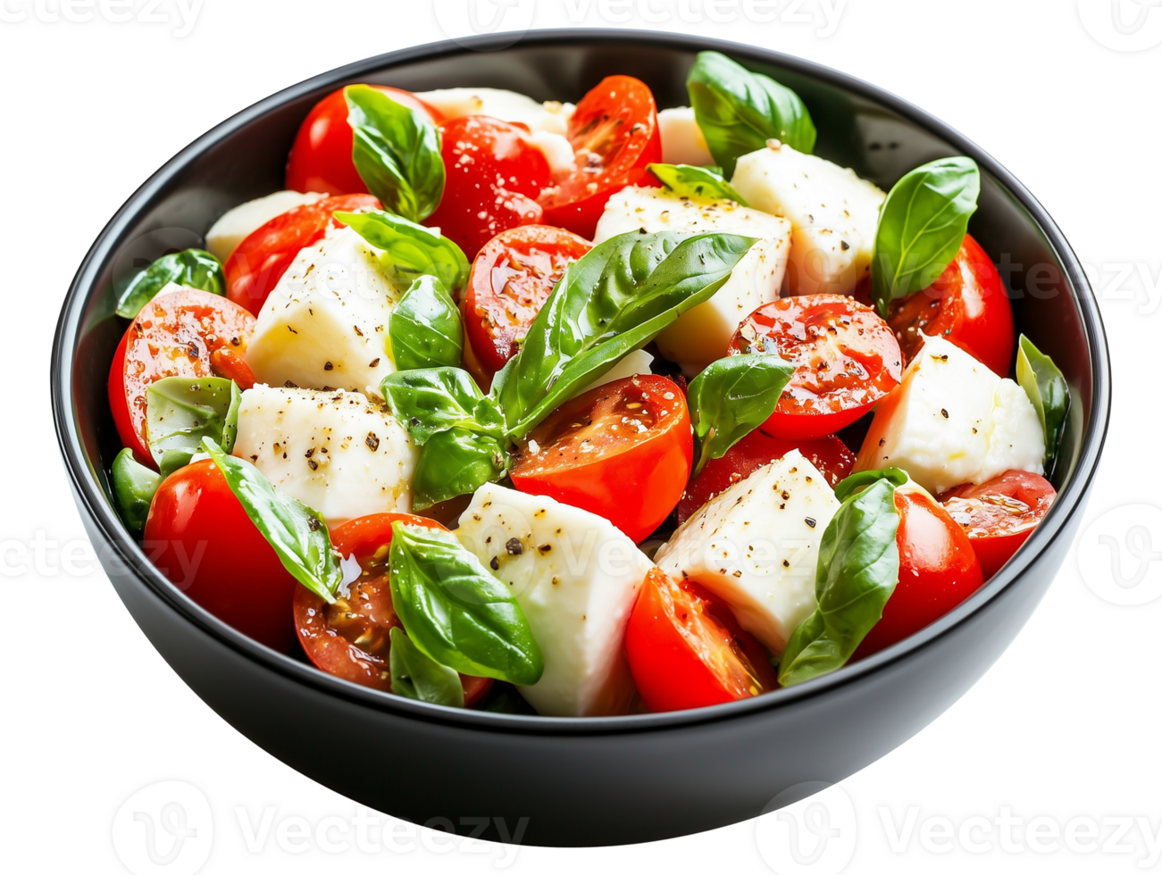 A bowl of tomatoes, mozzarella, basil and cheese png