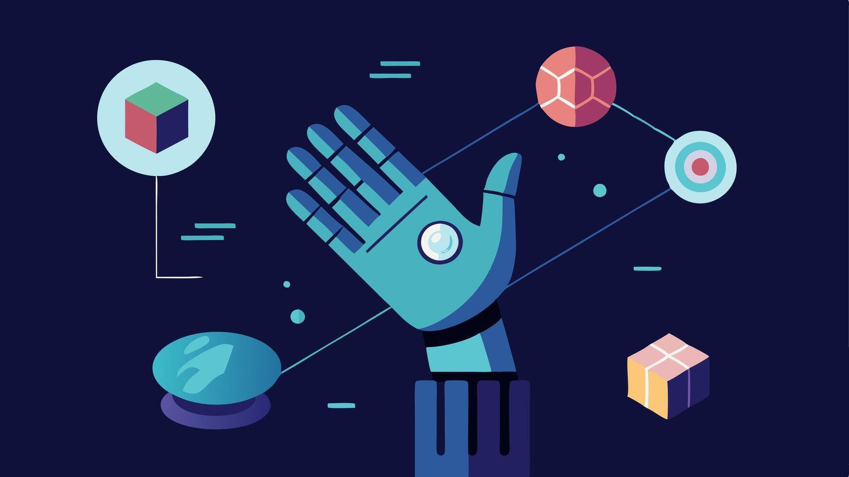 Virtual Reality Interaction A bionic hand reaching out to touch and manipulate 3D holographic objects in a virtual environment showcasing advanced interaction abilities.. vector