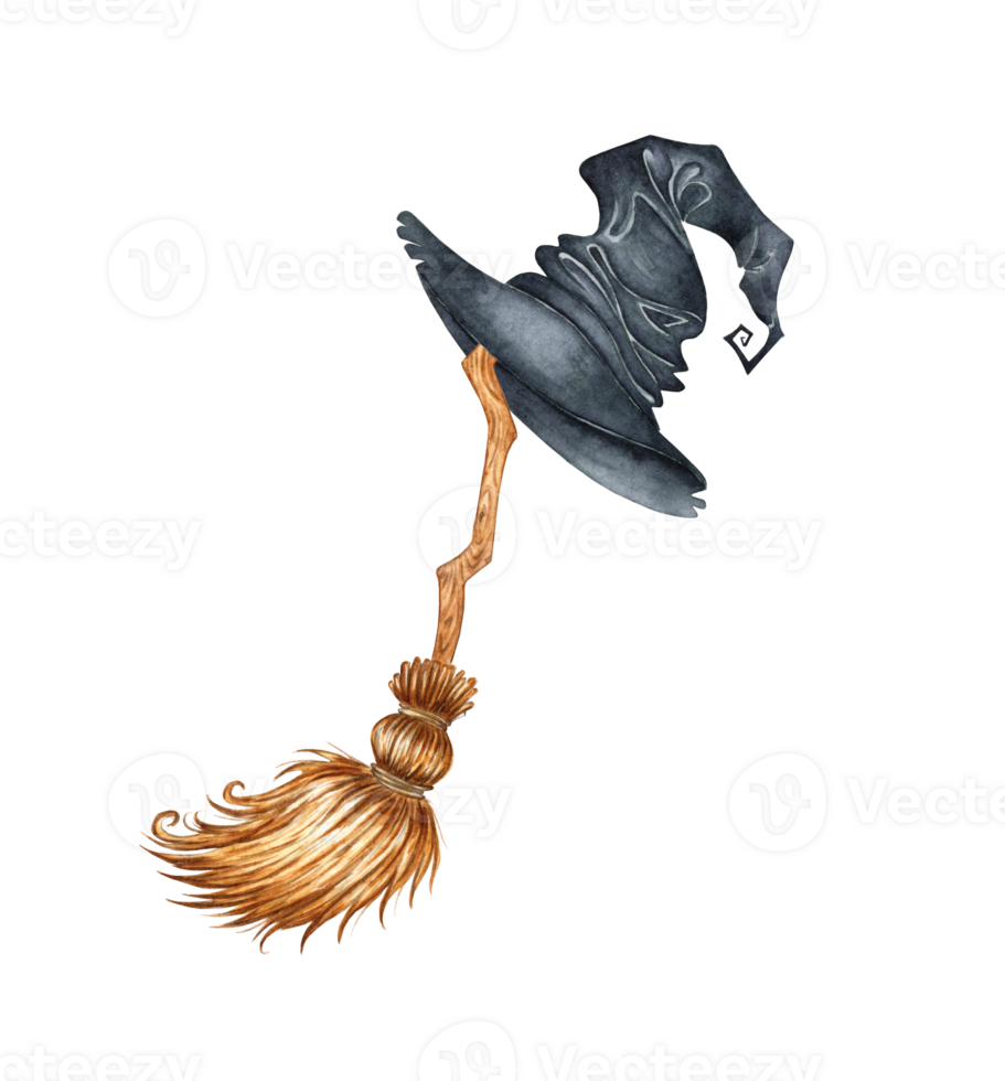Broom and witch hat watercolor illustration, fairytale attributes for Halloween party decoration isolated from background. Flying fairy car. Design concept for poster, card, banner, clothing, png