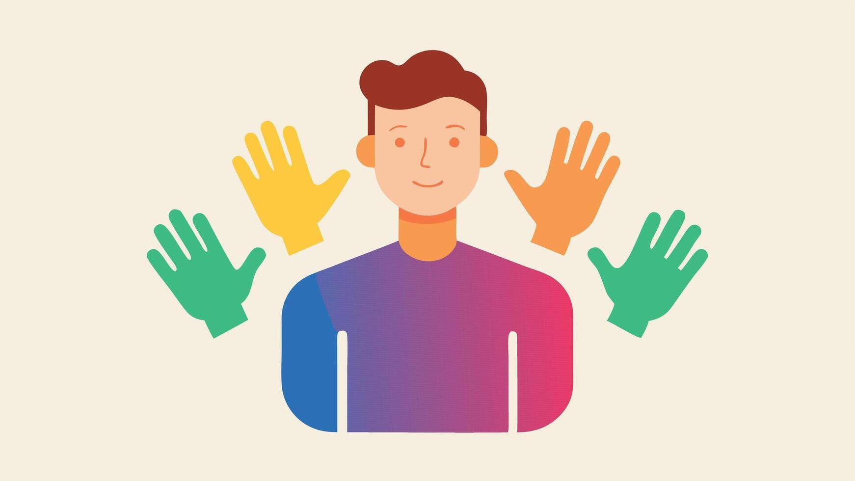 Sign Language A figure using American Sign Language ASL gestures with colorful hand shapes against a light background.. vector